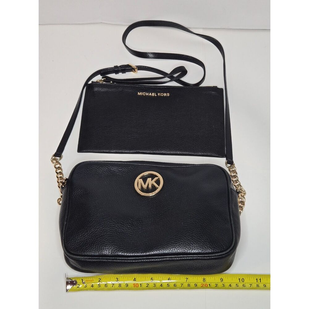 Michael Kors Fulton Crossbody & Pouch Bundle | Black Pebbled Leather | Gold - Picture 11 of 16
